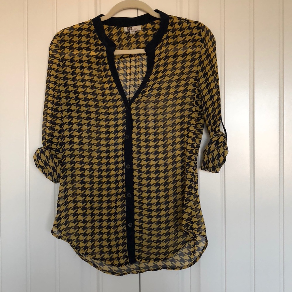 Navy and yellow sheer blouse